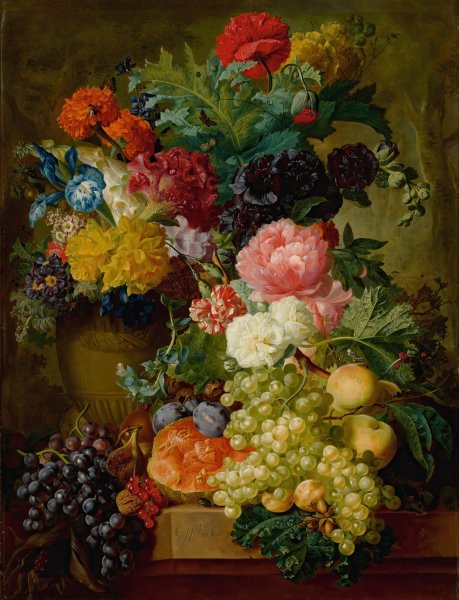 Main Product Photo of Elaborate Still Life Of Flowers And Fruit Resting On A Stone Ledge, A Wooded Landscape Beyond Painting by Georgius Jacobus Johannes Van Os