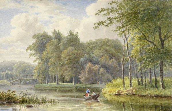 Main Product Photo of Landschap met figuren in een roeibootje  Painting by Georgius Jacobus Johannes Van Os