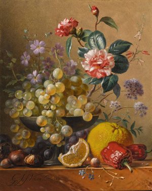 Still life with a camelia spray, cornflowers and grapes in a silver bowl, with nuts, an orange and red peppers, all on a marble ledge by Georgius Jacobus Johannes Van Os Oil Painting