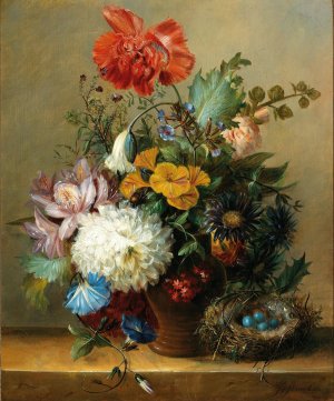 Still Life with Flowers and a Bird's Nest by Georgius Jacobus Johannes Van Os Oil Painting