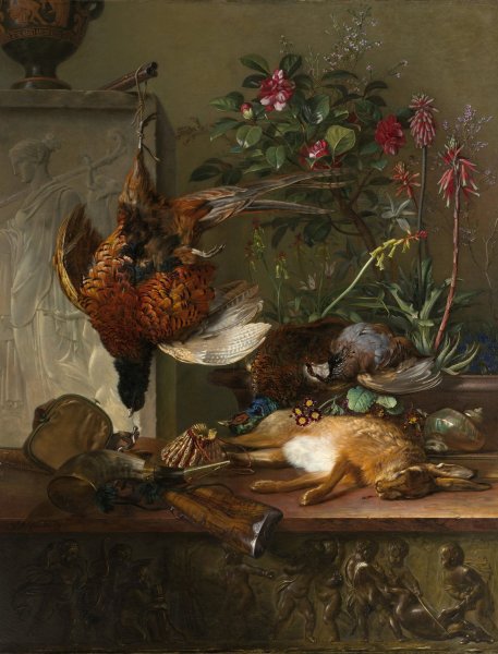 Main Product Photo of Stilleven met jachtbuit en Griekse stele; allegorie op de herfst  Painting by Georgius Jacobus Johannes Van Os