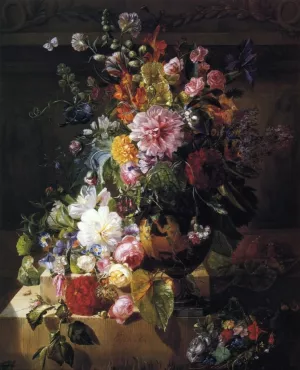 Still Life with Roses, Peonies, Lilac, Morning Glories and Other by Georgius Van Os - Oil Painting Reproduction