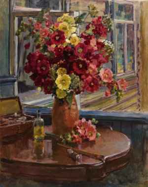 Still Life With Hollyhocks by Georgy Konstantinovich Savitsky Oil Painting