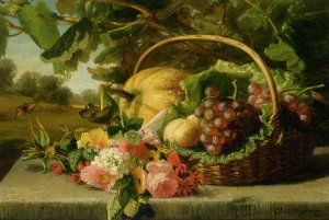 A Still Life with Flowers Grapes and a Melon