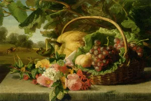 A Still Life with Flowers Grapes and a Melon by Geraldine Jacoba Van De Sande Bakhuyzen - Oil Painting Reproduction