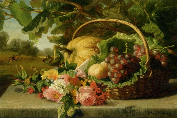 A Still Life with Flowers Grapes and a Melon by Geraldine Jacoba Van De Sande Bakhuyzen - Hand-Painted Oil Painting Reproduction