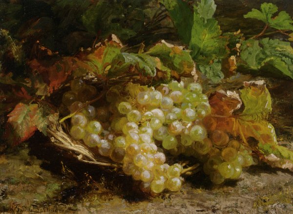 A Still Life with Grapes in a Basket by Geraldine Jacoba Van De Sande Bakhuyzen - Hand-Painted Oil Painting Reproduction
