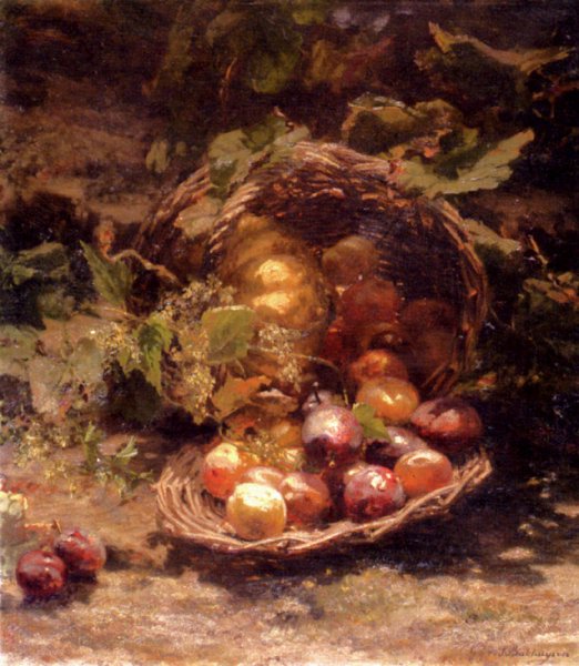 A Wicker Basket of Plums, Apricots and a Pumpkin in an Autumnal Landscape