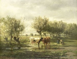 Cows at a Pond by Gerard Bilders Oil Painting