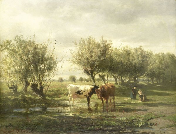 Cows at a Pond  by Gerard Bilders - Hand-Painted Oil Painting Reproduction