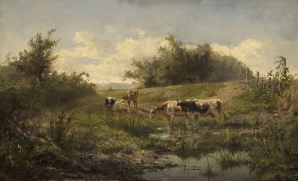 Cows at a Pond  by Gerard Bilders - Hand-Painted Oil Painting Reproduction