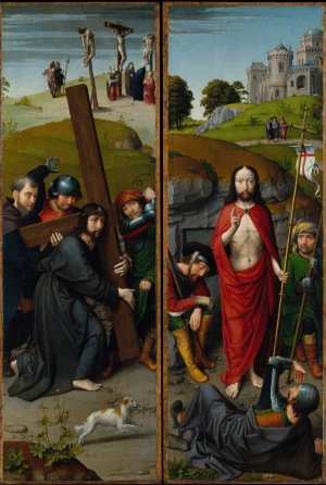 Christ Carrying the Cross, with the Crucifixion; The Resurrection, with the Pilgrims of Emmaus by Gerard David Oil Painting