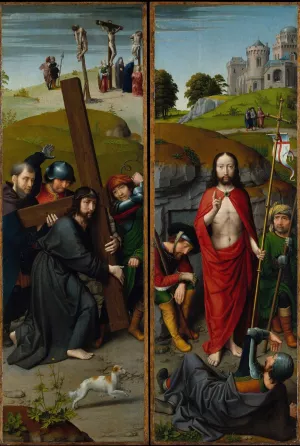 Christ Carrying the Cross, with the Crucifixion; The Resurrection, with the Pilgrims of Emmaus by Gerard David Oil Painting