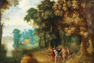 A wooded landscape with Diana and her Nymphs by Gerard De La Vallee Oil Painting