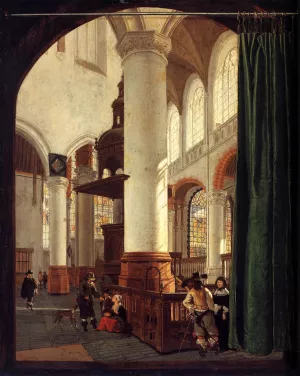 Interior of the Oude Kerk, Delft, with the Pulpit of 1548 by Gerard Houckgeest - Oil Painting Reproduction