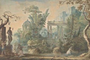 Arcadian Landscape with several Figures and a Statue of Apollo by Gerard Melder Oil Painting