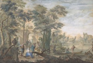 Arcadian Landscape with several Figures and a Statue of Diana by Gerard Melder Oil Painting