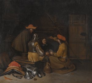 A Guardroom Interior With Four Figures Drinking And Playing Cards by Gerard Ter Borch Oil Painting