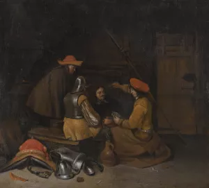 A Guardroom Interior With Four Figures Drinking And Playing Cards by Gerard Ter Borch Oil Painting