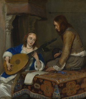 A Woman Playing the Theorbo-Lute and a Cavalier by Gerard Ter Borch Oil Painting