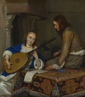 A Woman Playing the Theorbo-Lute and a Cavalier by Gerard Ter Borch Oil Painting