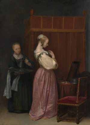 A Young Woman at Her Toilet with a Maid by Gerard Ter Borch Oil Painting
