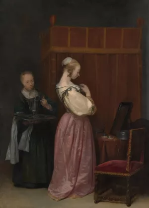 A Young Woman at Her Toilet with a Maid by Gerard Ter Borch Oil Painting