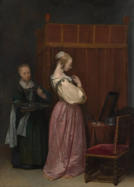 A Young Woman at Her Toilet with a Maid  by Gerard Ter Borch - Hand-Painted Oil Painting Reproduction