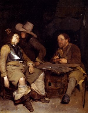 A Guard Room Interior, With A Soldier Blowing Smoke In The Face Of His Sleeping Companion, A Third Looking On by Gerard Terborch Oil Painting