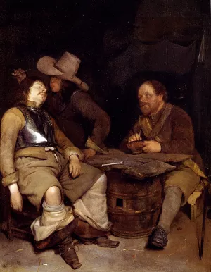 A Guard Room Interior, With A Soldier Blowing Smoke In The Face Of His Sleeping Companion, A Third Looking On by Gerard Terborch Oil Painting