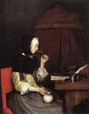 A Woman Drinking Wine by Gerard Terborch - Oil Painting Reproduction