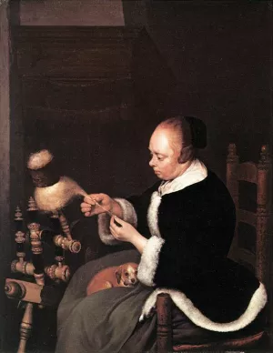 A Woman Spinning by Gerard Terborch - Oil Painting Reproduction