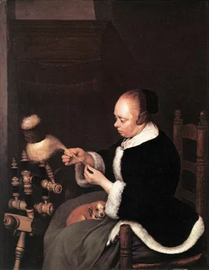 A Woman Spinning Oil painting by Gerard Terborch
