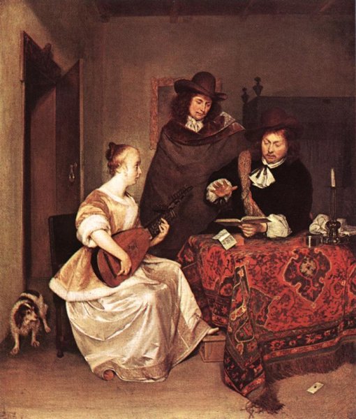 A Young Woman Playing a Theorbo to Two Men by Gerard Terborch - Hand-Painted Oil Painting Reproduction