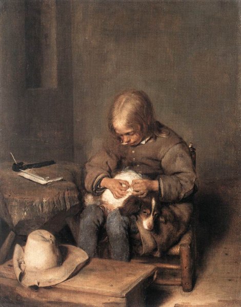 Boy Ridding His Dog of Fleas by Gerard Terborch - Hand-Painted Oil Painting Reproduction