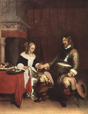 Man Offering a Woman Coins by Gerard Terborch - Oil Painting Reproduction