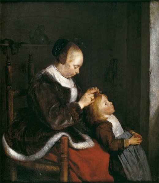 Mother Combing the Hair of Her Child by Gerard Terborch - Hand-Painted Oil Painting Reproduction