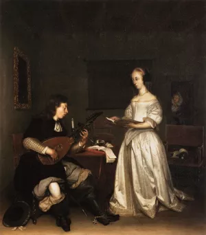 The Duet: Singer and Theorbo Player by Gerard Terborch - Oil Painting Reproduction