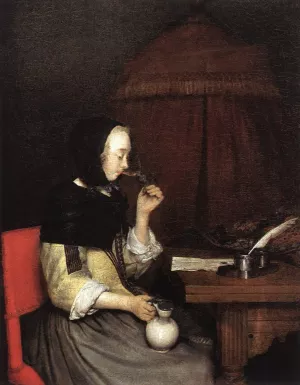 Woman Drinking Wine by Gerard Terborch - Oil Painting Reproduction