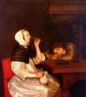 Woman Drinking with a Sleeping Soldier by Gerard Terborch - Oil Painting Reproduction