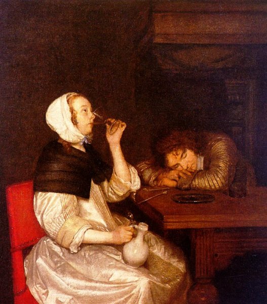 Main Product Photo of Woman Drinking with a Sleeping Soldier Painting by Gerard Terborch