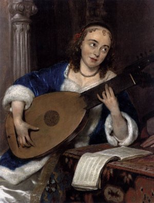Woman Playing the Theorbo-Lute and a Cavalier Detail