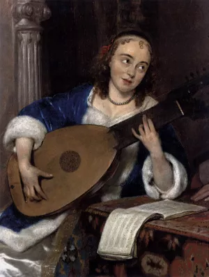Woman Playing the Theorbo-Lute and a Cavalier Detail by Gerard Terborch - Oil Painting Reproduction