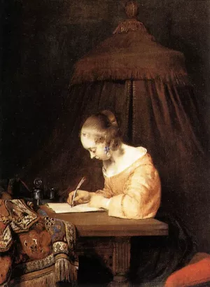 Woman Writing a Letter by Gerard Terborch - Oil Painting Reproduction