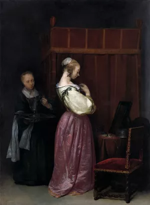Young Woman at Her Toilet with a Maid by Gerard Terborch - Oil Painting Reproduction