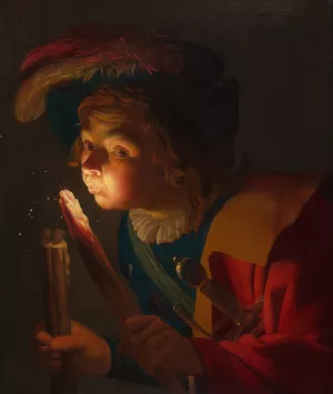 A Boy Blowing on a Firebrand by Gerard Van Honthorst Oil Painting