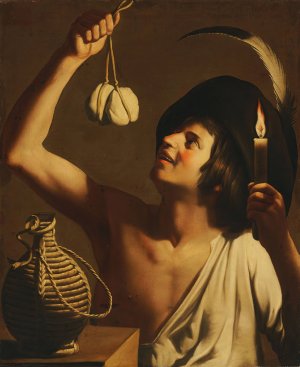 A young man holding a burning candle and a scamorza cheese, a fiasco bottle beside him by Gerard Van Honthorst Oil Painting