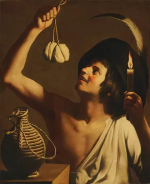A young man holding a burning candle and a scamorza cheese, a fiasco bottle beside him by Gerard Van Honthorst Oil Painting