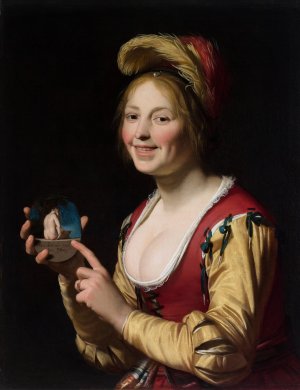 Smiling Girl, a Courtesan, Holding an Obscene Image by Gerard Van Honthorst Oil Painting