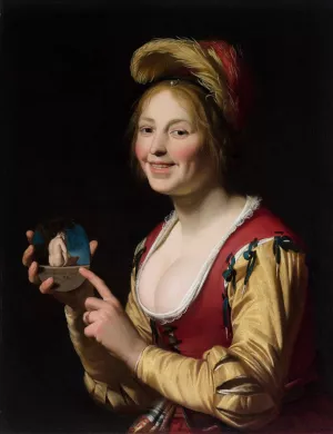Smiling Girl, a Courtesan, Holding an Obscene Image by Gerard Van Honthorst Oil Painting